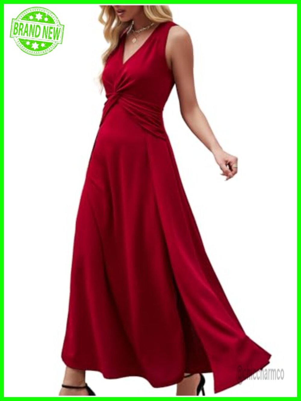 V Neck Sleeveless A-Line Midi Wedding Guest Formal Evening Dress